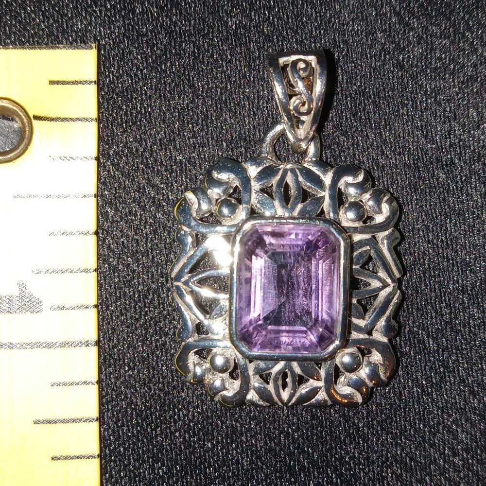 925 Sterling Silver Amethyst Antique Filigree Design Pendant
